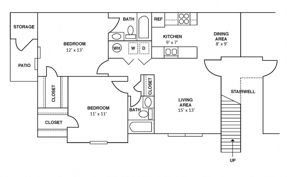 Floor plan for 2 beds, 2 baths, 1000 sqft